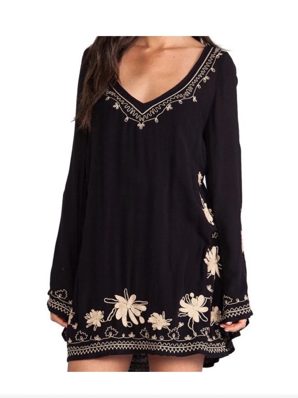 Free People Sky Fall Embroidered Black Crepe Tunic Dress XS